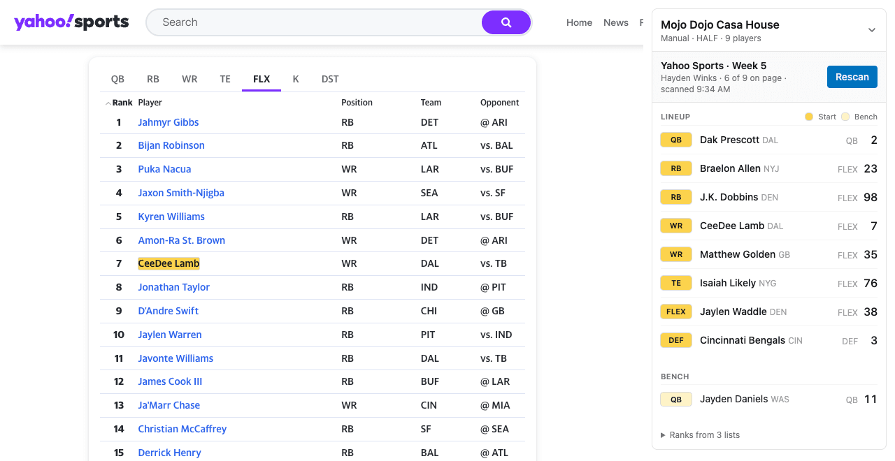 A Yahoo rankings page with the user's players highlighted, beside the Lens side panel with a suggested lineup